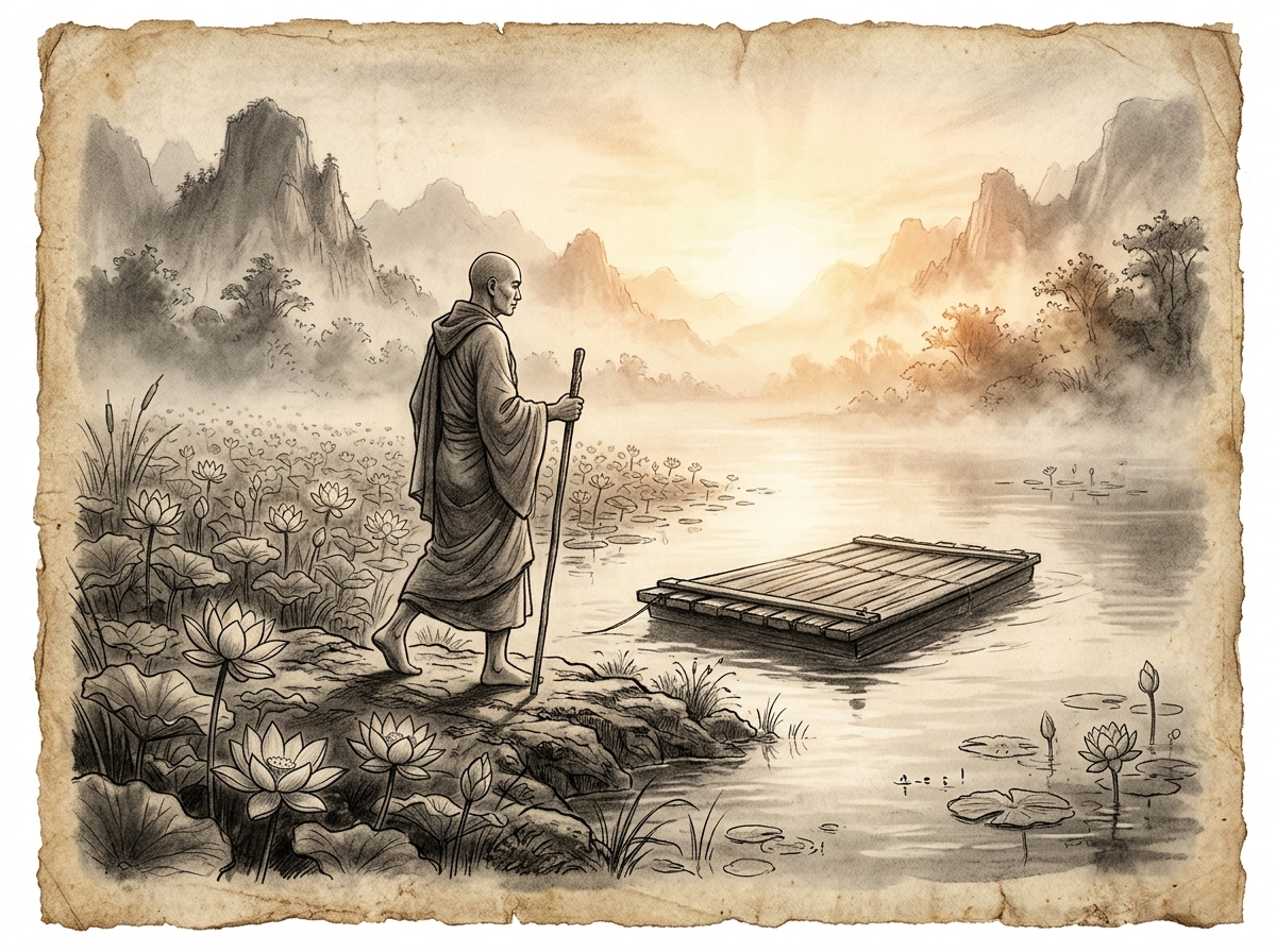 Dibujo a carboncillo de un peregrino dejando su balsa en el río de lotos para contemplar el amanecer en la orilla