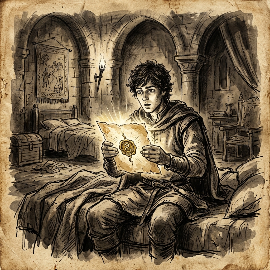 Dibujo a carboncillo de un joven príncipe despertando de un largo sopor en una estancia antigua al leer una carta sellada luminosa