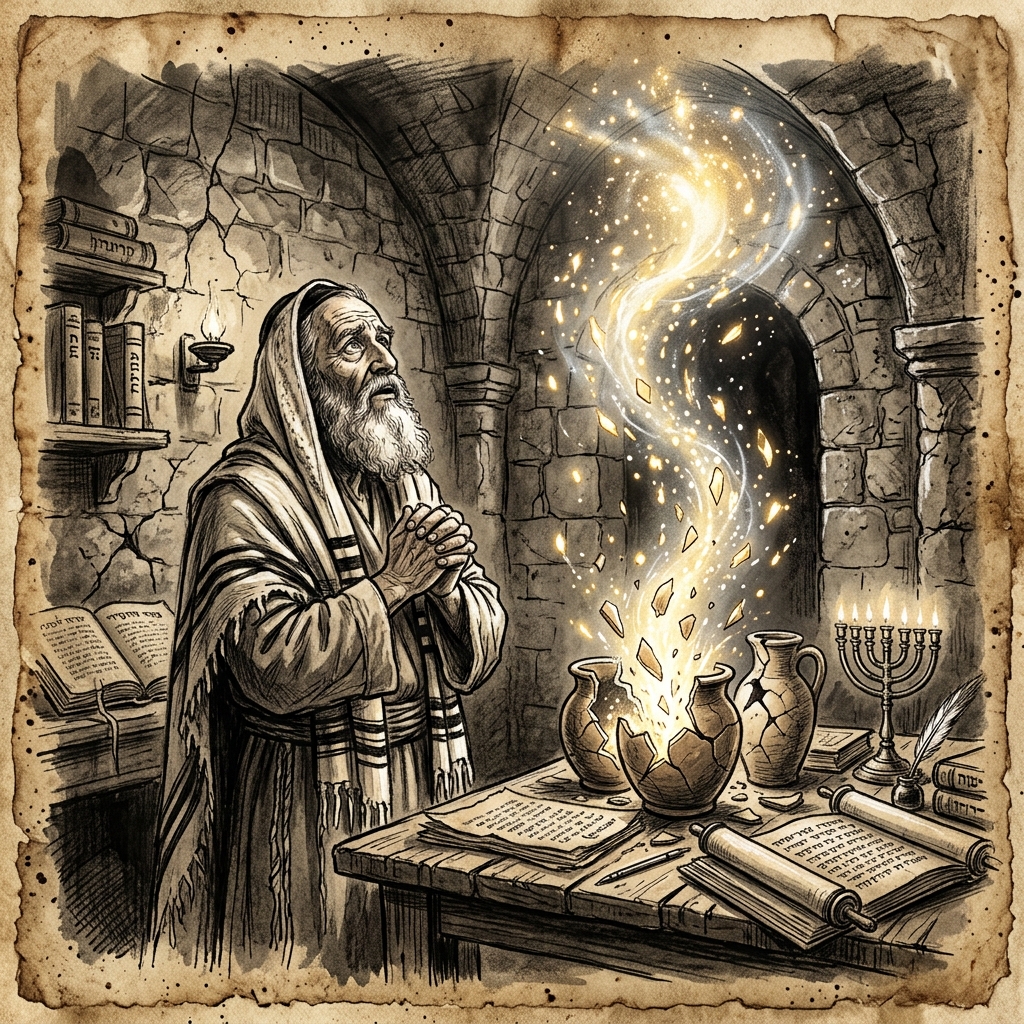 Dibujo a carboncillo de un anciano cabalista contemplando con reverencia miles de chispas sagradas elevándose desde vasijas quebradas
