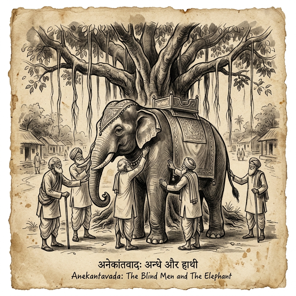 Dibujo a carboncillo de seis sabios ciegos explorando con sus manos diferentes partes de un majestuoso elefante bajo un baniano