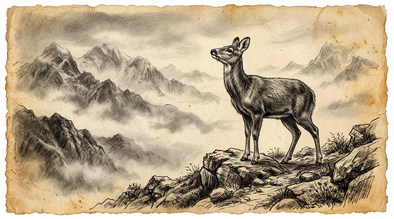 Dibujo a carboncillo de un ciervo almizclero corriendo extenuado por un bosque de montaña buscando una fragancia invisible