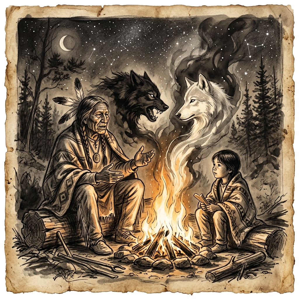 Dibujo a carboncillo de un anciano nativo americano junto a una fogata nocturna enseñando a su nieto con las siluetas de dos lobos en las llamas