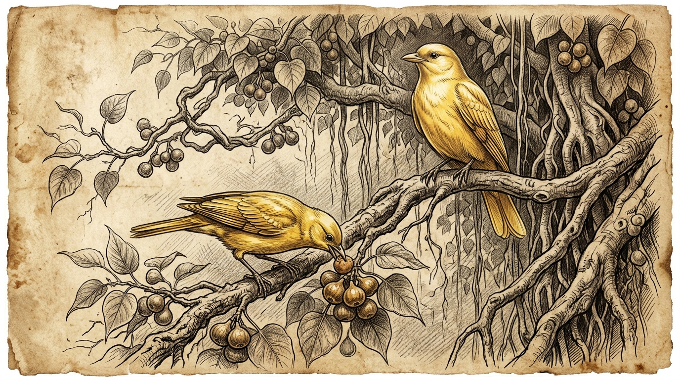 Dibujo a carboncillo de un árbol sagrado con dos aves majestuosas: una comiendo un fruto con inquietud y la otra observando serena en la rama más alta