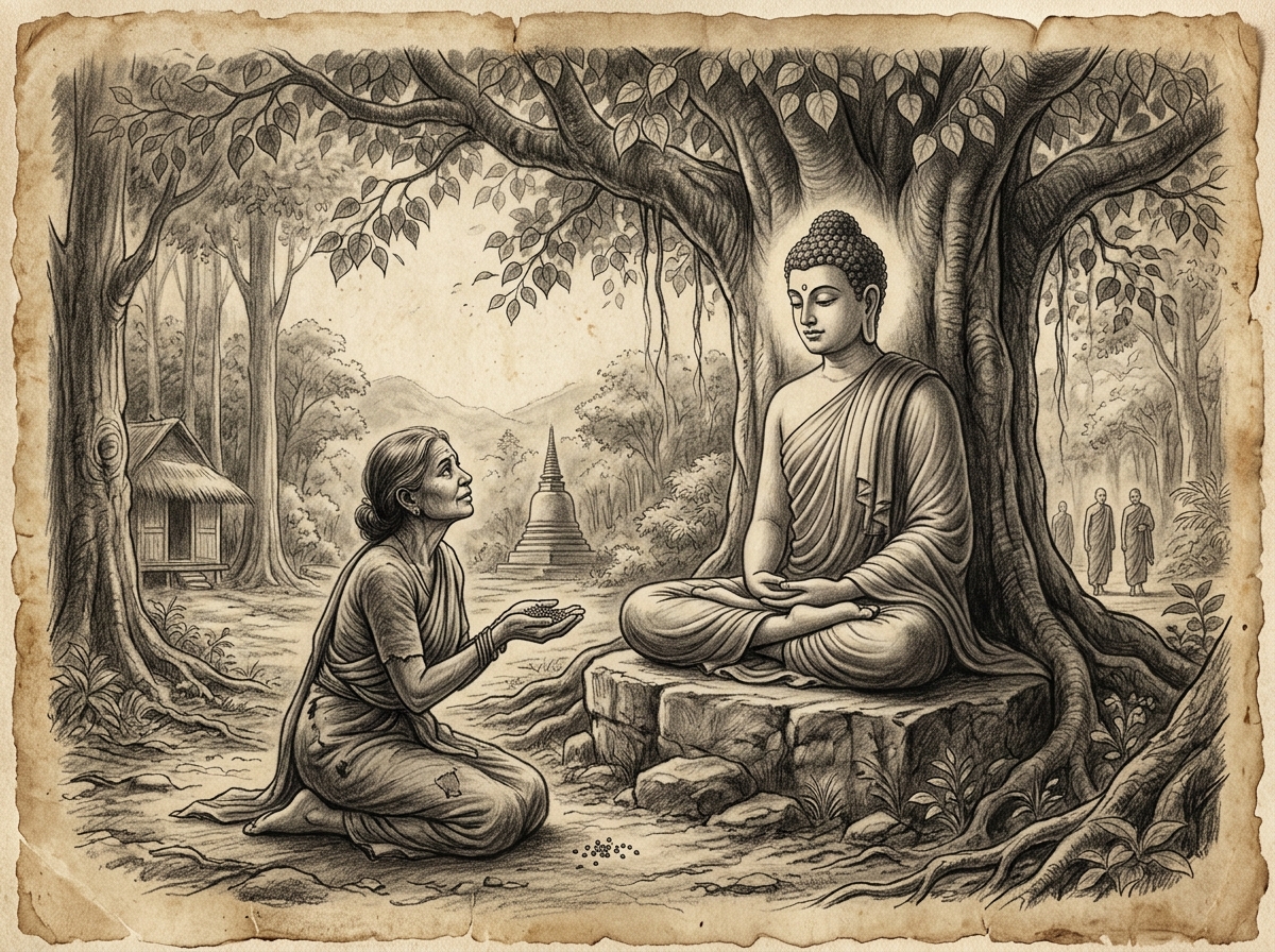 Dibujo a carboncillo del Buda consolando con compasión infinita a Kisa Gotami mientras sostiene granos de mostaza