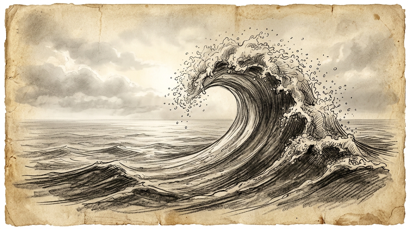 Dibujo a carboncillo de olas marinas majestuosas bajo un cielo crepuscular infinito fundiéndose en el océano