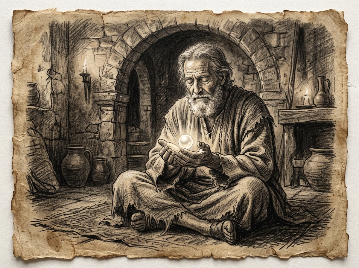 Dibujo a carboncillo de un anciano mercader contemplando una perla resplandeciente en sus manos en una estancia de piedra