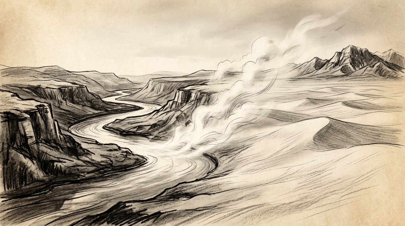 Dibujo a carboncillo de un río llegando a las dunas de un desierto infinito bajo la bruma y el sol naciente
