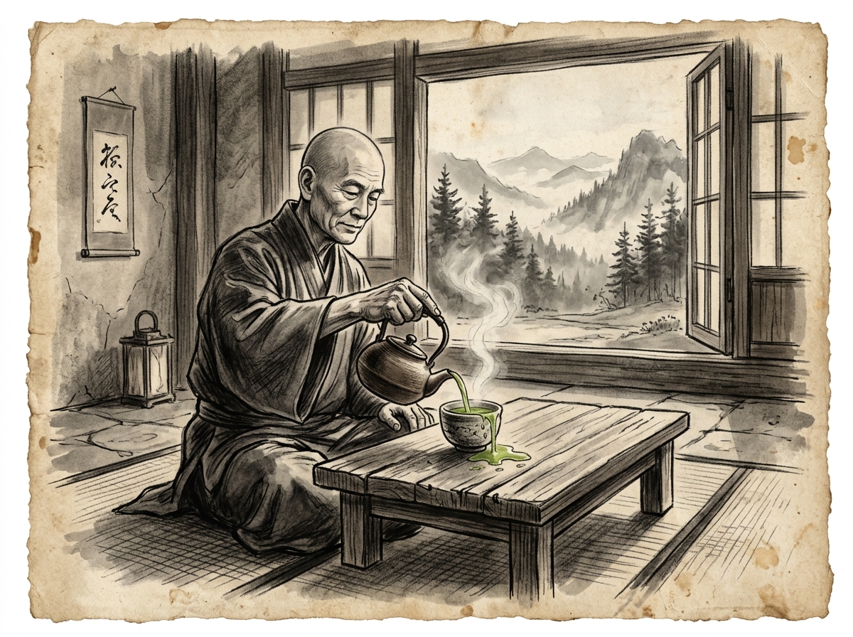 Dibujo a carboncillo del maestro zen vertiendo té en una taza que se desborda sobre la mesa