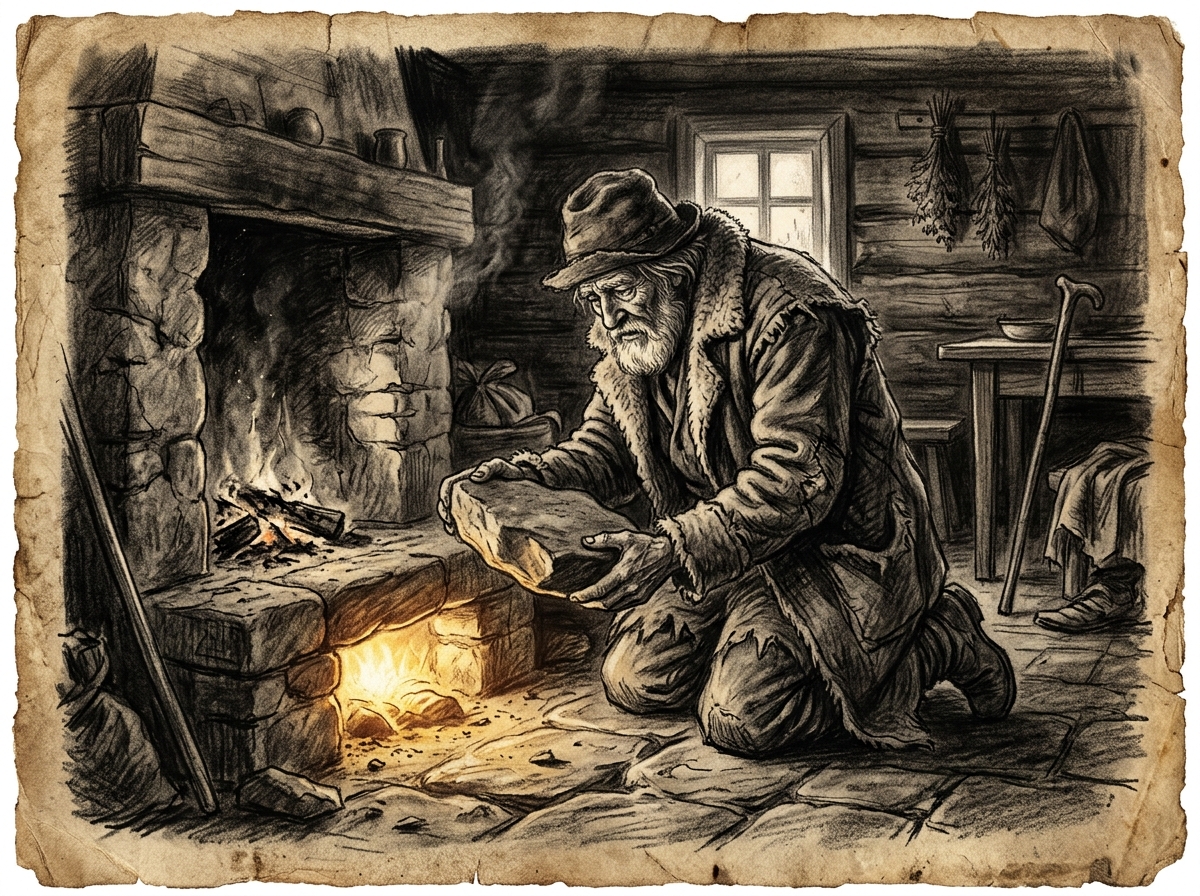 Dibujo a carboncillo de un viajero de rodillas junto al fuego de su hogar descubriendo el tesoro oculto