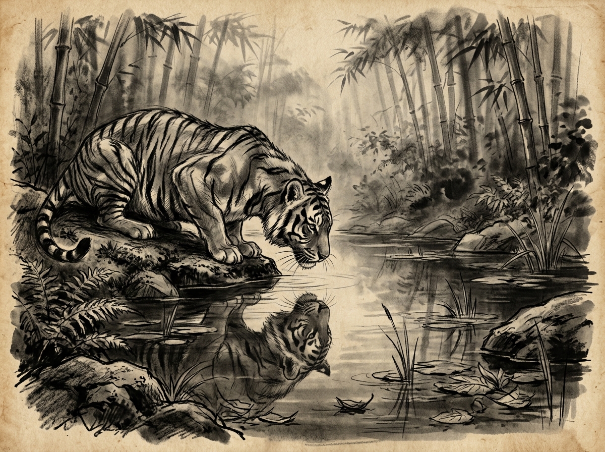 Dibujo a carboncillo de un joven tigre contemplando su verdadero rostro en el agua serena de un río