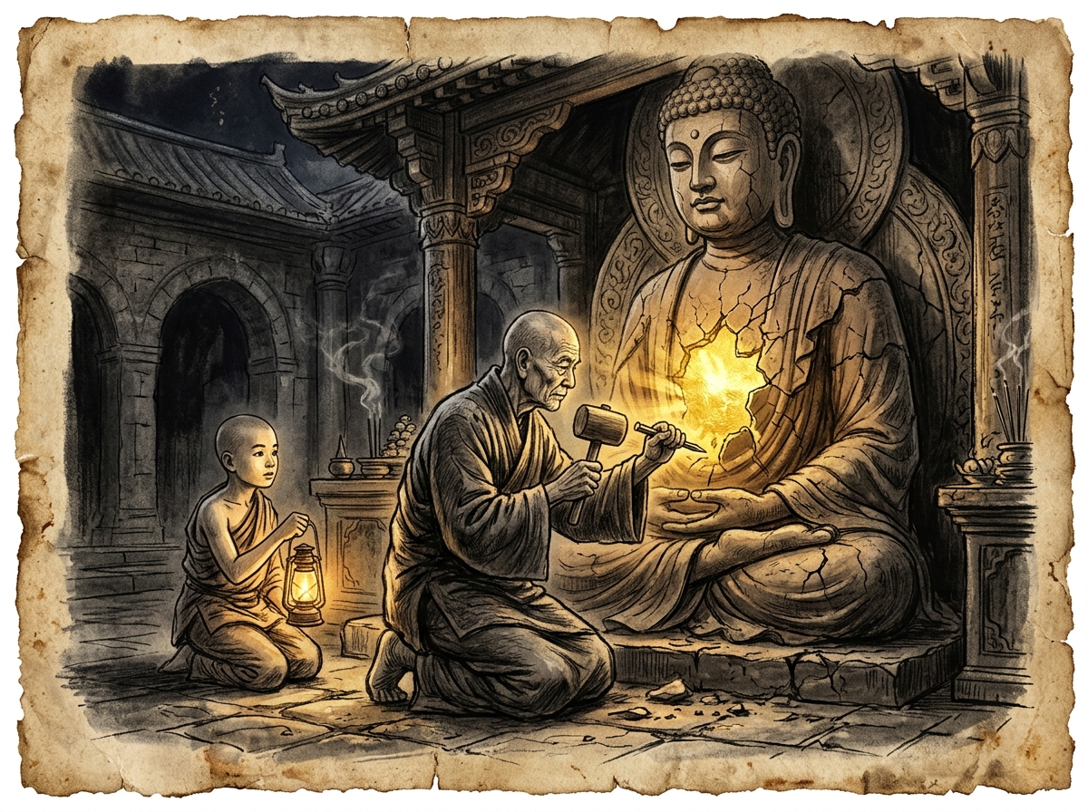 Pintura sumi-e zen de una estatua de Buda en contemplación que se disuelve en luz dorada y tinta negra