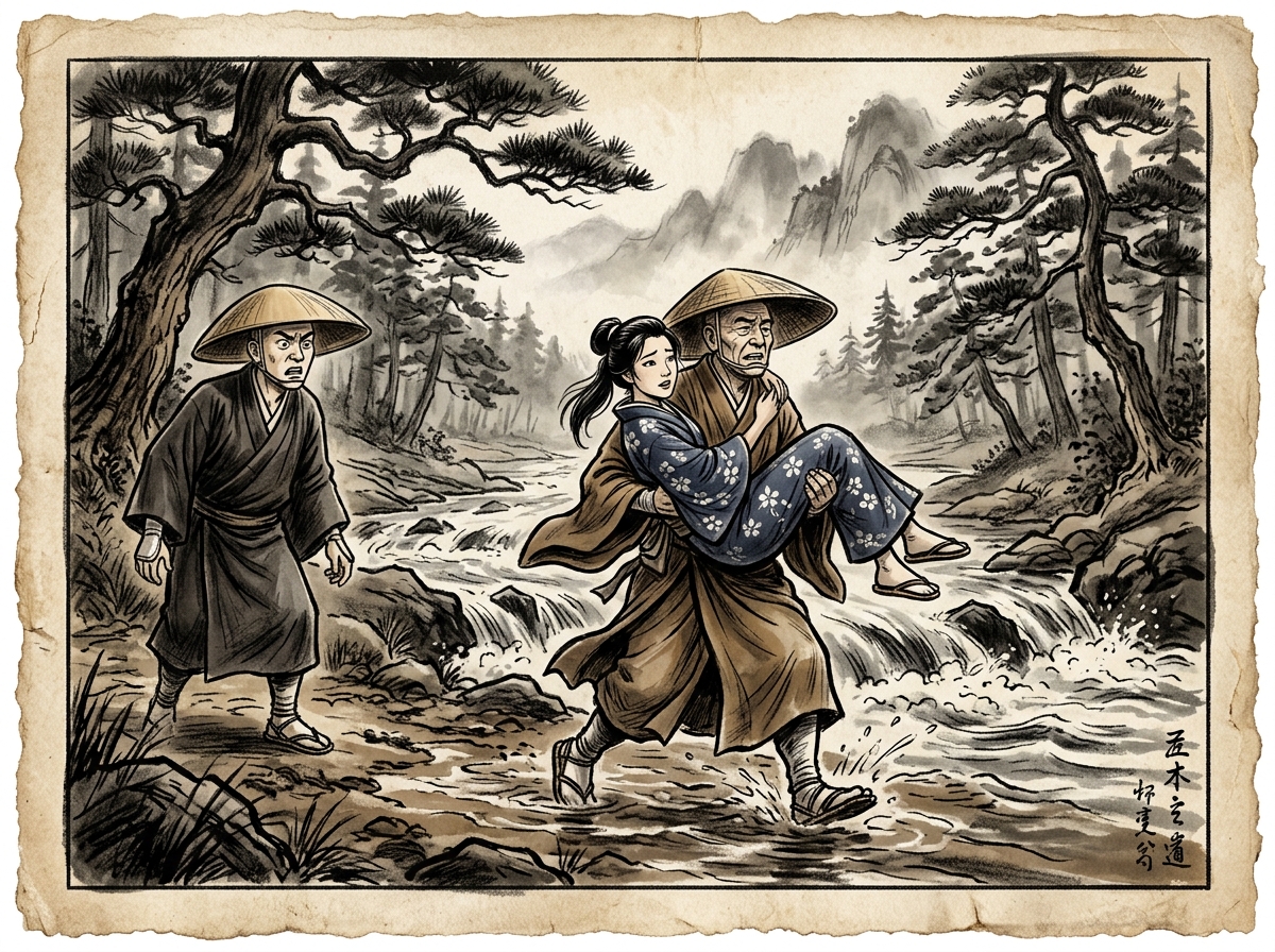 Dibujo a carboncillo de dos monjes zen caminando por un sendero enfangado junto a un río caudaloso