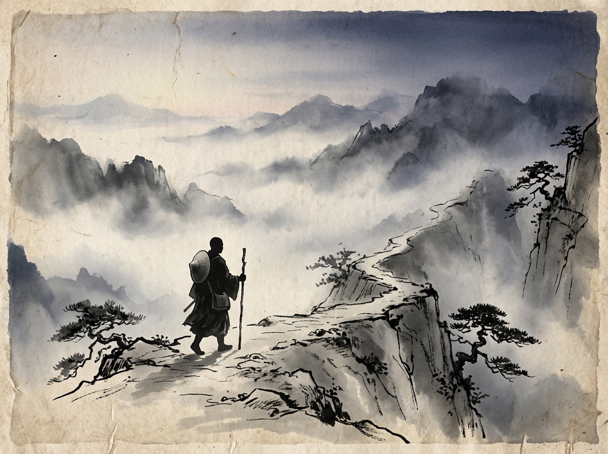Pintura sumi-e zen de un monje caminando por un sendero otoÃ±al bajo la niebla mientras contempla quiÃ©n da cada paso