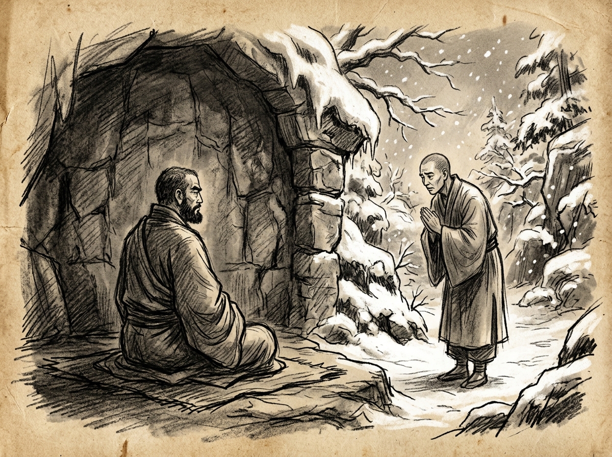 Dibujo a carboncillo de Bodhidharma meditando ante la pared de piedra de una cueva nevada y Huike de pie implorando la paz interior