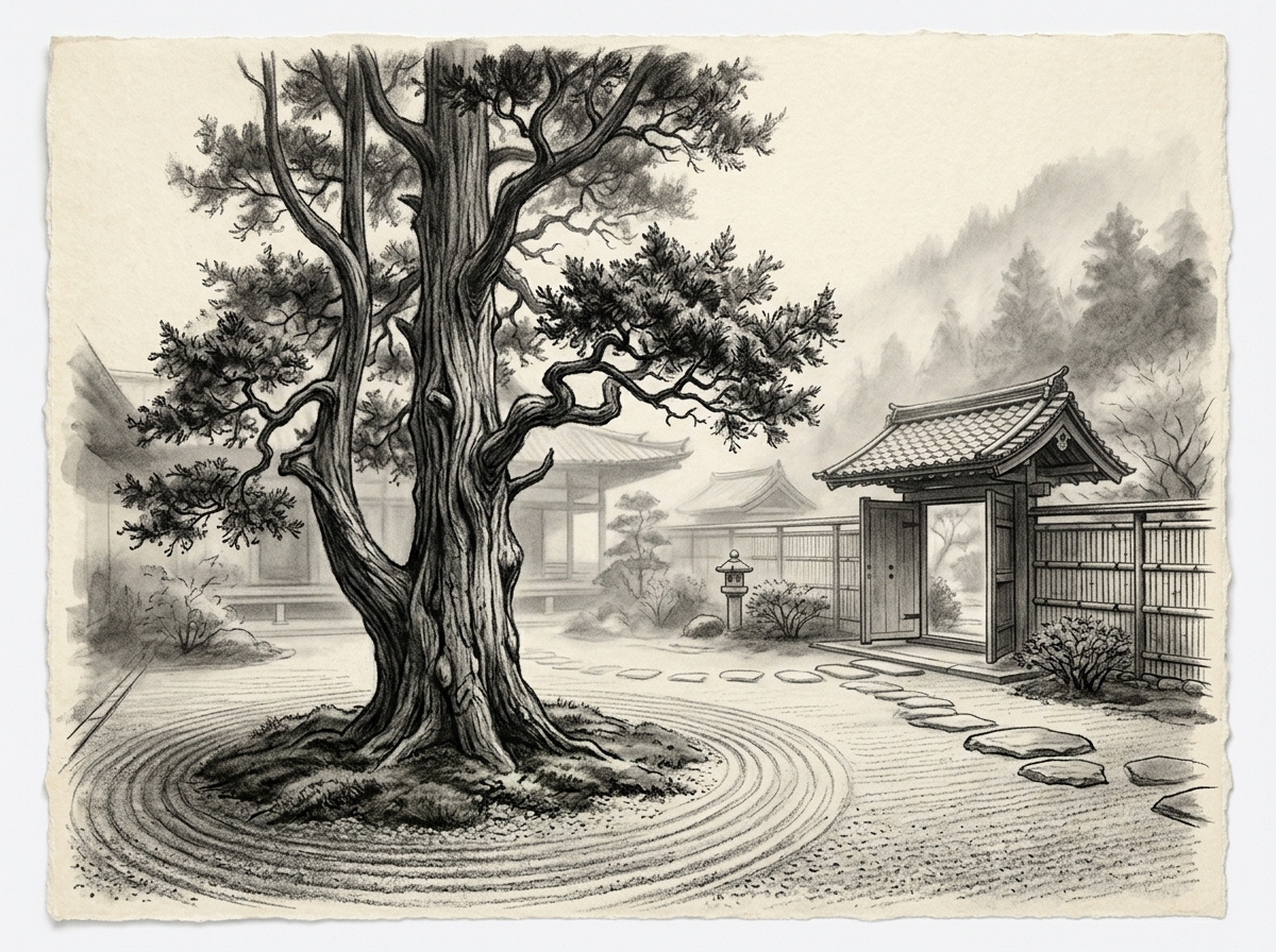 Dibujo a carboncillo de un majestuoso y nudoso ciprés solitario en el patio empedrado de un templo zen japonés bajo la luz suave del amanecer