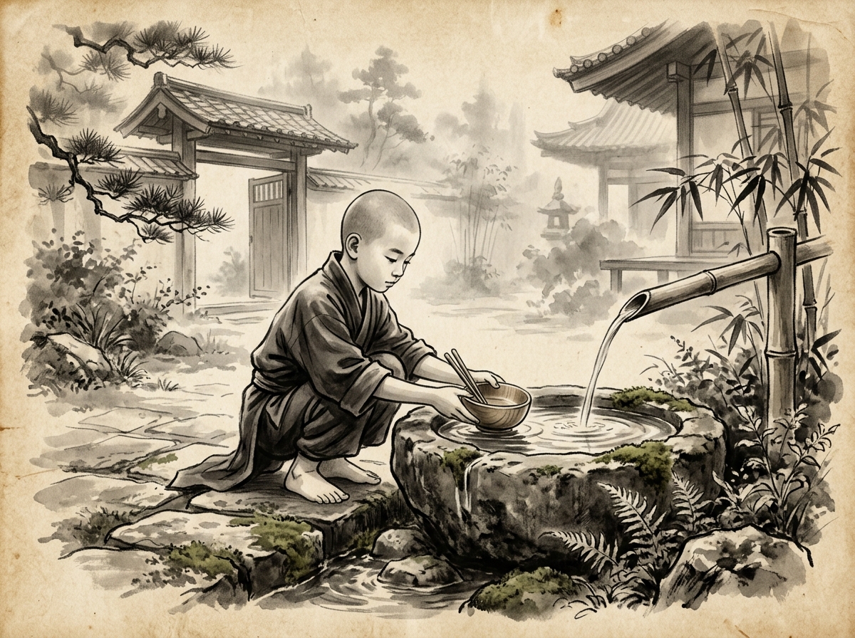 Pintura sumi-e zen a tinta y carboncillo de un cuenco de arroz reciÃ©n lavado con gotas de agua sobre una mesa de madera rÃºstica