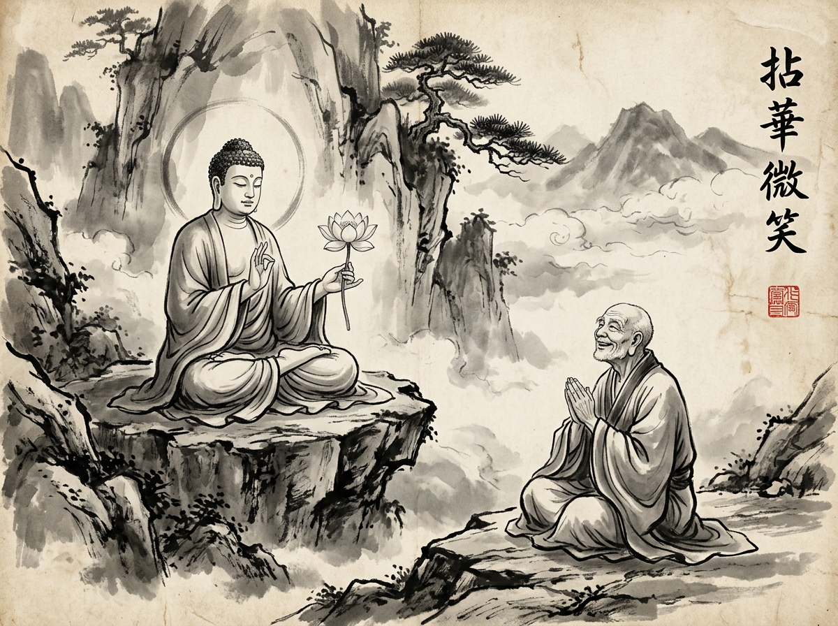 Pintura sumi-e zen del Buda sosteniendo una flor de loto en silencio en la asamblea y Mahakashyapa sonriendo en satori
