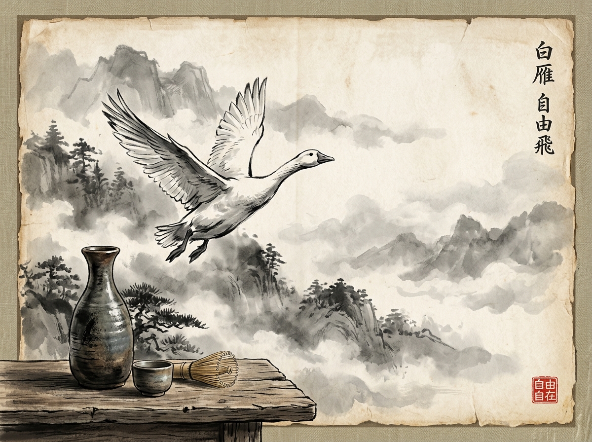 Pintura sumi-e zen de una botella de cuello estrecho y un ganso blanco volando libremente hacia el cielo brumoso