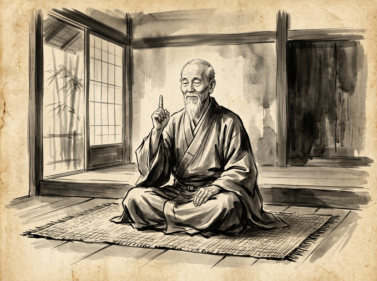 Pintura sumi-e zen del maestro Gutei con tÃºnica monÃ¡stica en meditaciÃ³n alzando un solo dedo en silencio