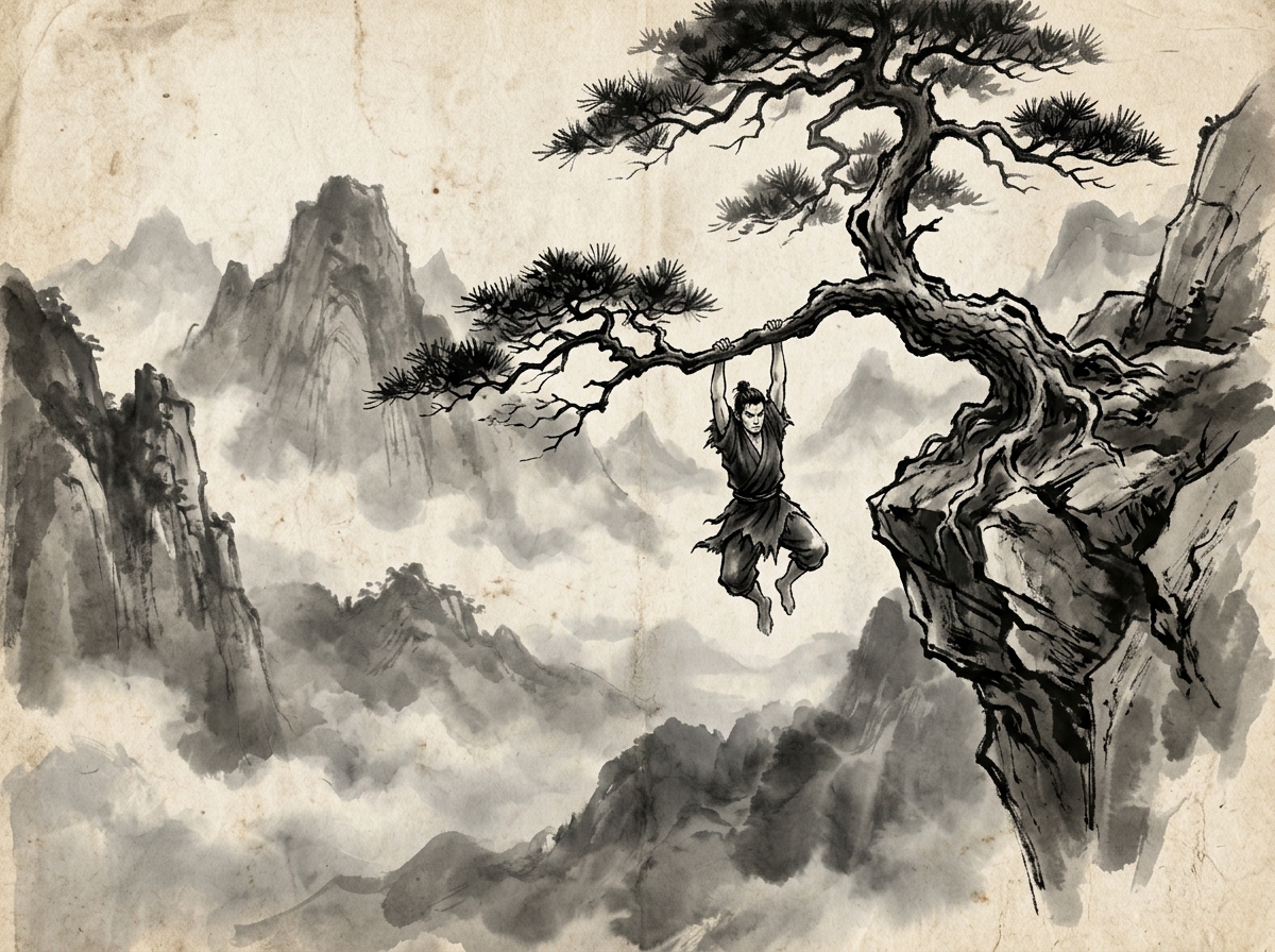 Pintura sumi-e zen de la silueta de un monje sosteniÃ©ndose con los dientes de la rama de un Ã¡rbol sobre un abismo brumoso