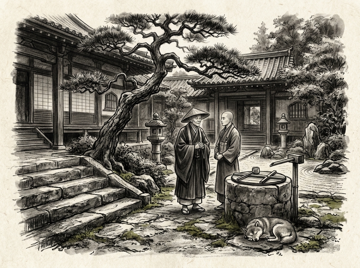 Dibujo a carboncillo del patio de un templo zen con el maestro Joshu y un monje novicio conversando junto a un pozo de piedra y un perro durmiendo en calma