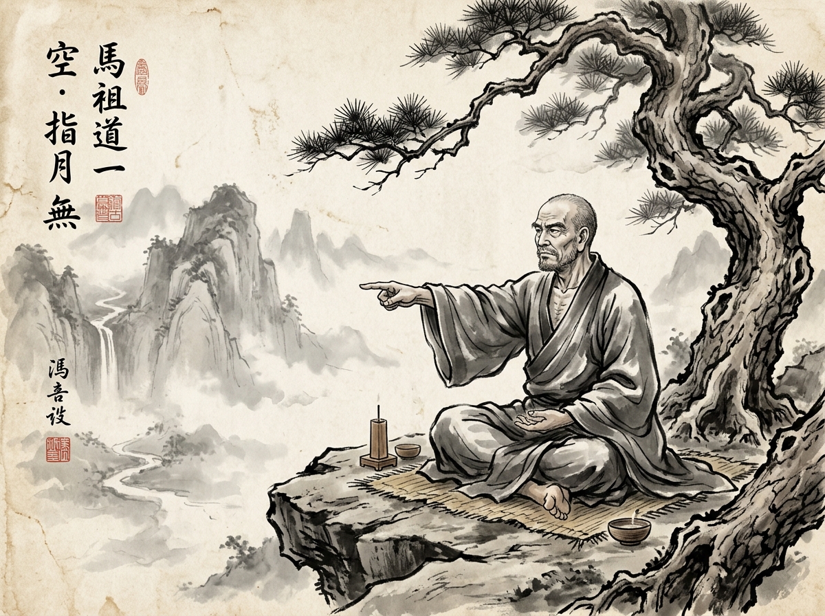 Pintura sumi-e zen del maestro Mazu con porte majestuoso contemplando el vacÃ­o primordial que trasciende todo concepto