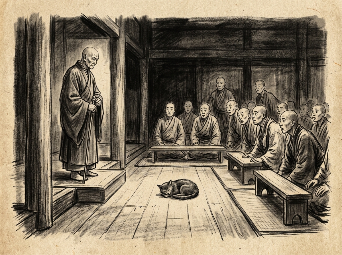 Dibujo a carboncillo del maestro Nansen en la sala del monasterio ante los monjes perplejos y un gato descansando en el suelo