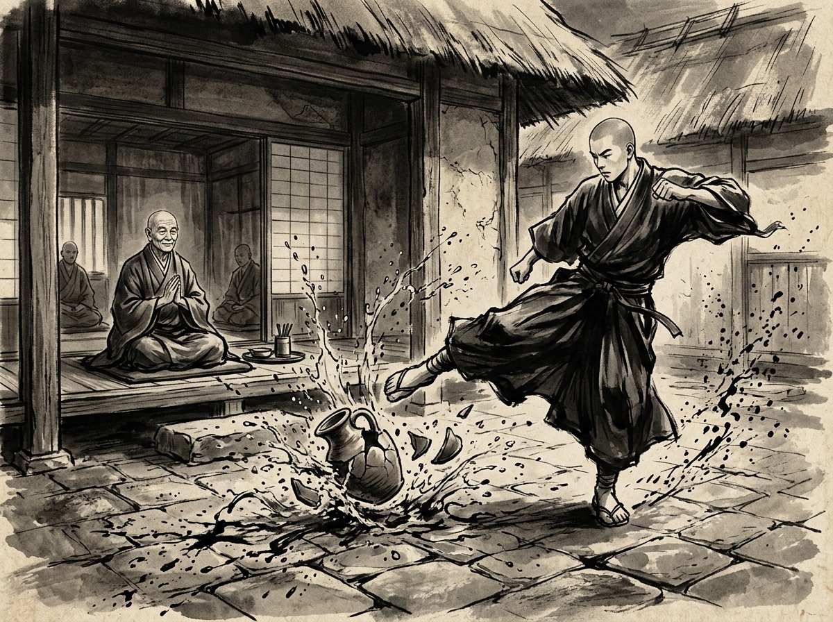 Pintura sumi-e zen del cocinero Guishan volcando de una patada serena el cÃ¡ntaro de agua ante los monjes