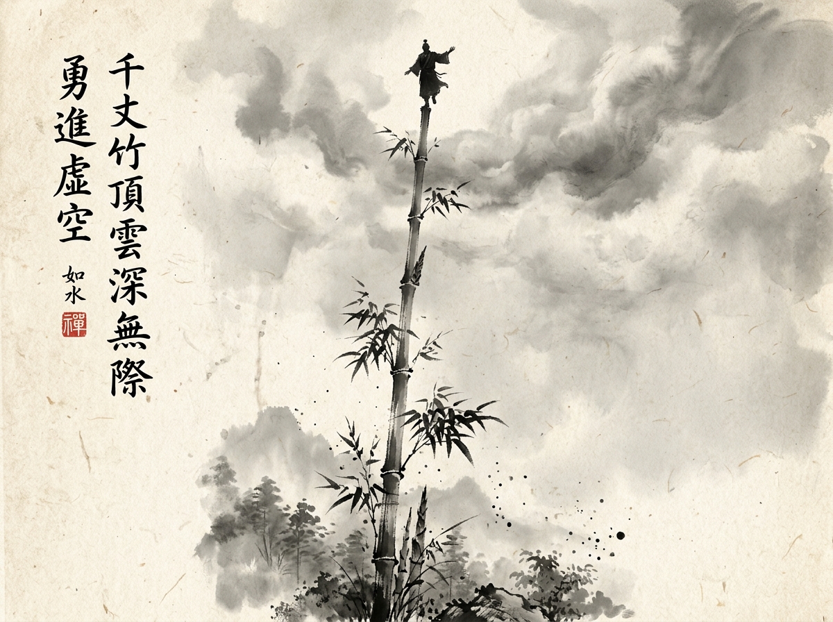 Pintura sumi-e zen de un monje en lo alto de un poste de madera de cien pies dando un paso hacia el cielo abierto