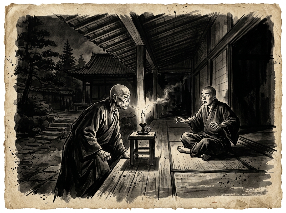Pintura sumi-e zen del maestro apagando una vela de un soplo en la penumbra nocturna frente a Tokusan