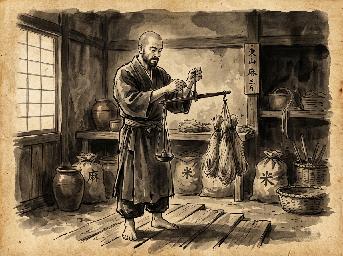 IlustraciÃ³n zen al carboncillo de un monje pesando fardos de lino natural en una balanza tradicional de madera