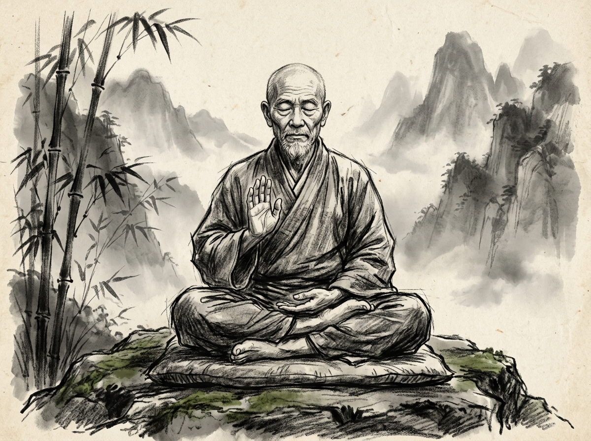 Dibujo a carboncillo de un maestro zen en meditación alzando una sola mano abierta hacia el espectador ante montañas brumosas