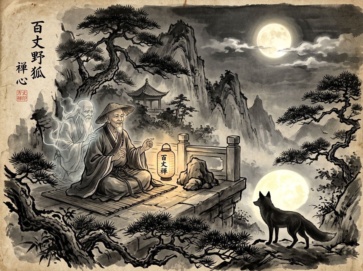 Pintura sumi-e zen del maestro Baizhang en el templo dialogando con el anciano que renace como zorro silvestre