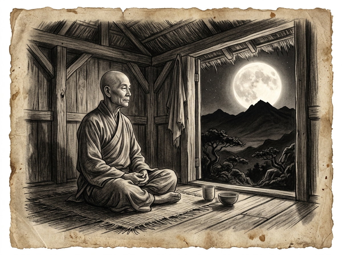 Dibujo a carboncillo del monje ermitaño contemplando la luna llena plateada desde su humilde cabaña de madera en la montaña