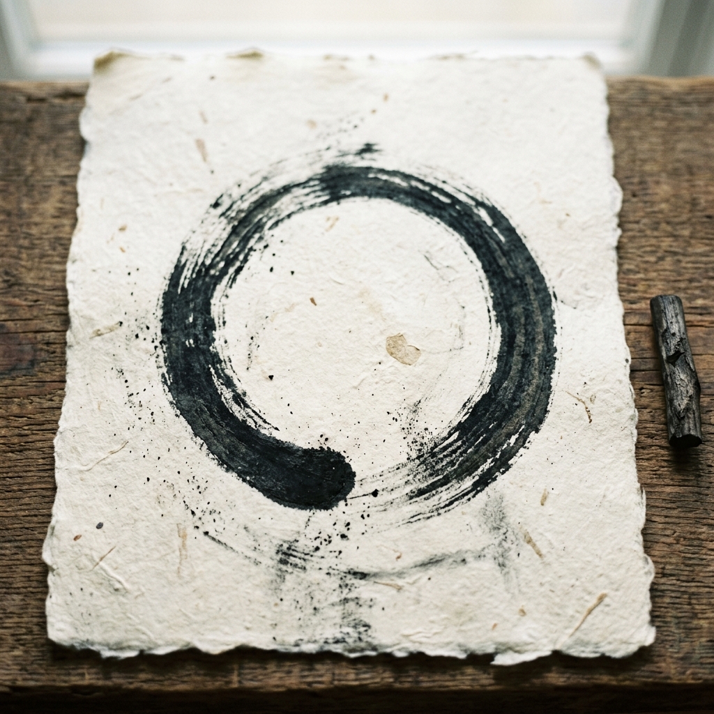 Dibujo a carboncillo de un Ensō zen sagrado trazado con pincelada enérgica de carboncillo sobre pergamino washi beige